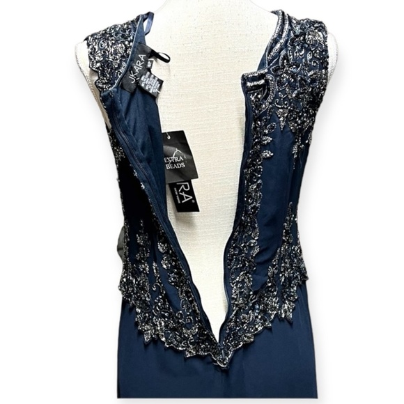 NEW J Kara Navy Mock 2 Piece Beaded Bodice Cap Sleeve Long Fit & Flare Dress - Picture 12 of 15